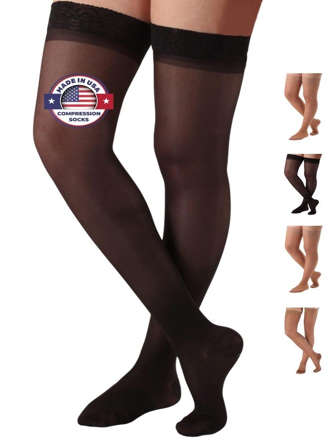 ABSOLUTE SUPPORT Made in USA - Thigh Hi Compression Socks for Women Circulation 15-20 mmHg Work Travel Airplane Office - Compression Hose for Women 15-20mmhg with Silicone Border Black, Large - Image 1