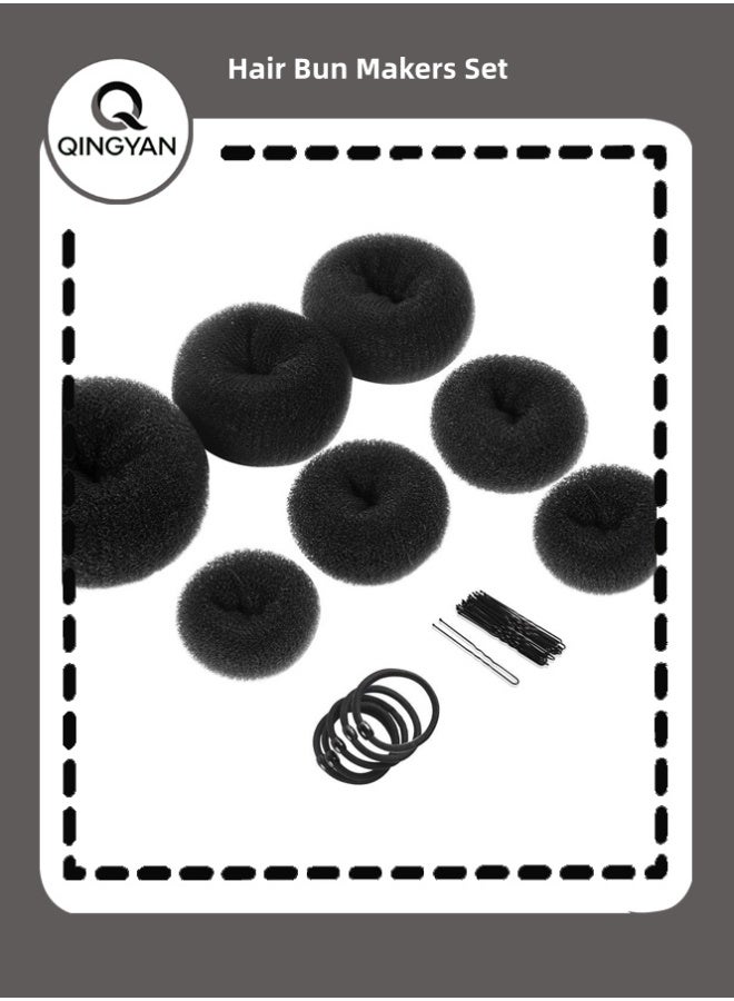 QINGYAN 7 Hair Bun Makers Set, Black Buns Shaper Hair Styling Accessories Kit with 5 Bands and 20 Bun Pins, Donut Ring Style Chignon Bun Maker,  (2 Small 2 Medium 2 Large 1 Extra-Large) - Image 1