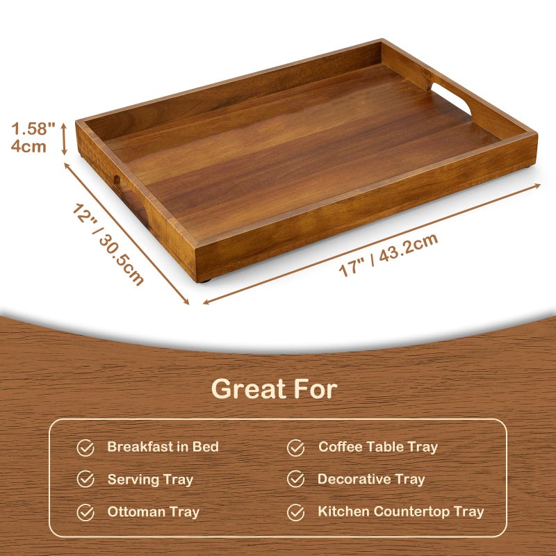 GCWSTJK 17 Inch Acacia Wood Serving Tray with Handles, Large Wooden Tray for Ottoman, Breakfast in Bed, Coffee Table, Dinner, Perfect for Living Room Bedroom Entryway and Kitchen - Image 3