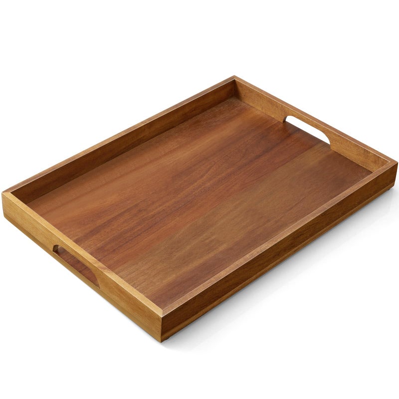 GCWSTJK 17 Inch Acacia Wood Serving Tray with Handles, Large Wooden Tray for Ottoman, Breakfast in Bed, Coffee Table, Dinner, Perfect for Living Room Bedroom Entryway and Kitchen - Image 1