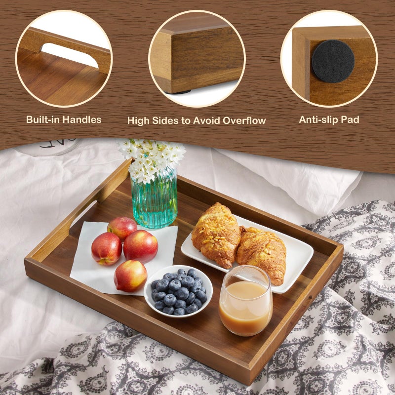 GCWSTJK 17 Inch Acacia Wood Serving Tray with Handles, Large Wooden Tray for Ottoman, Breakfast in Bed, Coffee Table, Dinner, Perfect for Living Room Bedroom Entryway and Kitchen - Image 4