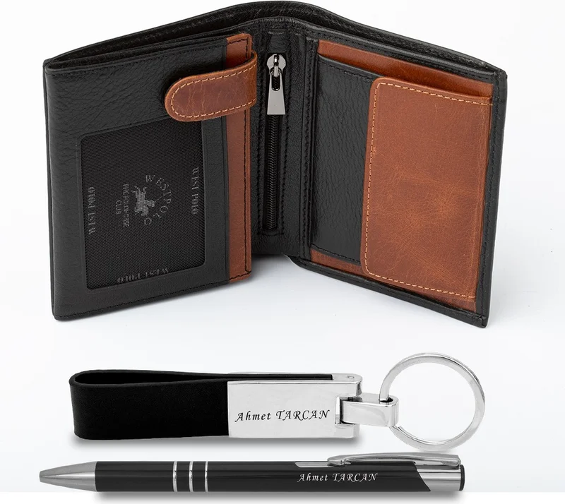 Leather Personalized Men's Wallet Personalized Pen and Keychain