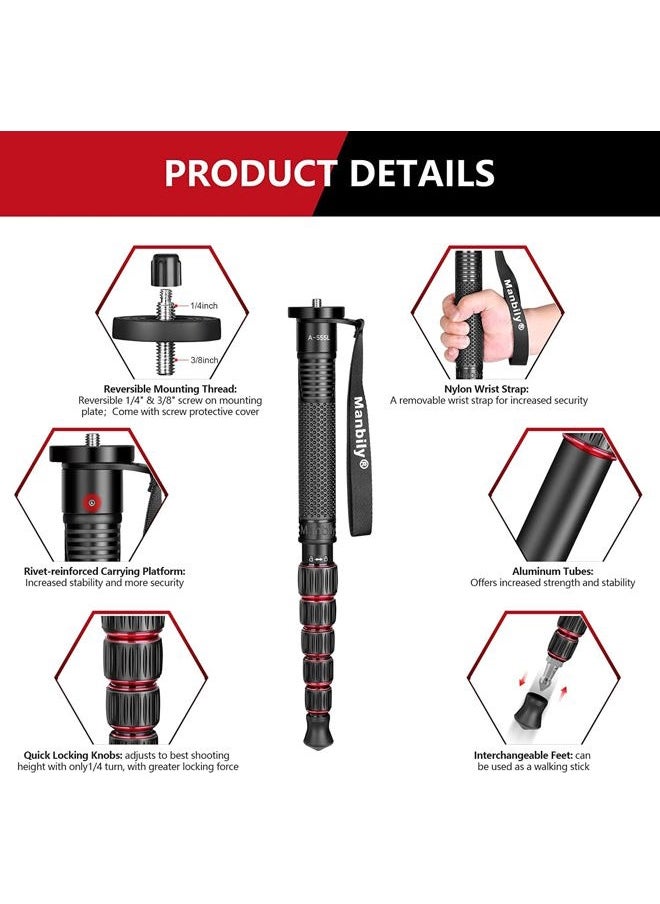 Manbily Camera Monopod Aluminum Portable Compact Lightweight Travel Monopod with Carrying Bag Walking Stick Handle,for DSLR Canon Nikon Sony Video Camcorder,6 Sections up to 61-in (A-555L)  - Image 4
