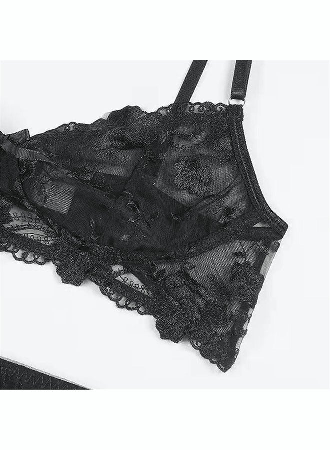 roaiss طقم ملابس داخلية نسائية من 3 قطع حمالة صدر مطرزة رائعة بحزام كتف قابل للتعديل (حمالة صدر + ثونغ + رباط) - Image 2