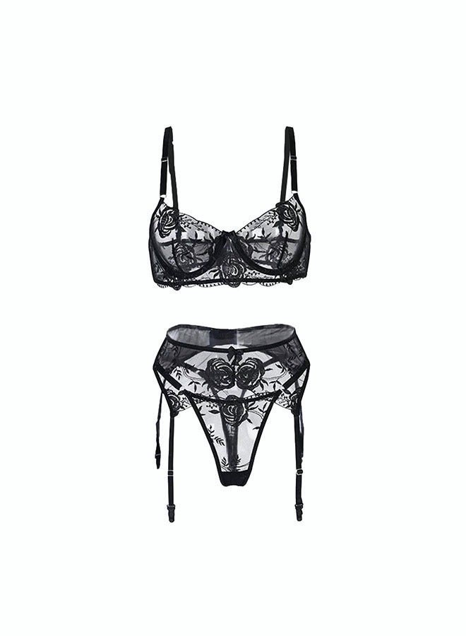 roaiss طقم ملابس داخلية نسائية من 3 قطع حمالة صدر مطرزة رائعة بحزام كتف قابل للتعديل (حمالة صدر + ثونغ + رباط) - Image 1