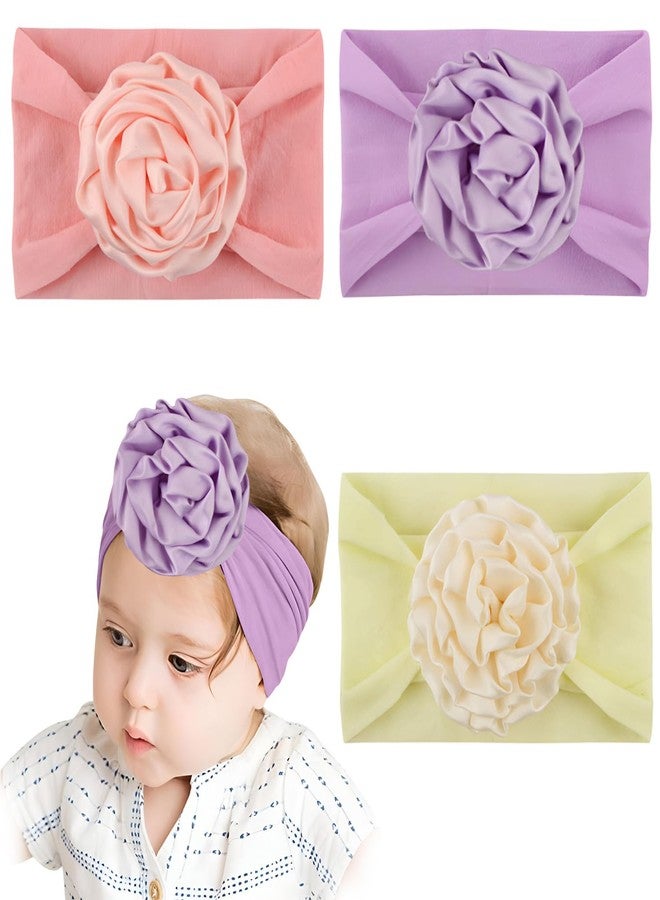 SYGA PACK OF 3 Baby Headbands Soft Nylon Fancy Flower Strechable Hairbands Newborn Infant Toddlers Kids 0-3 Year (Pink-Purple-Beige) - Image 1