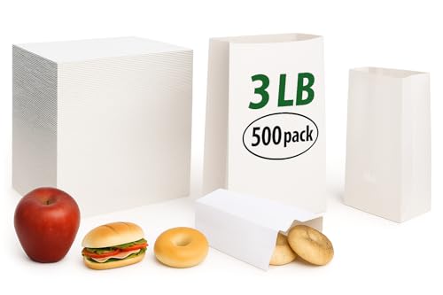 pizety 3 lb White Paper Bags – 500 Pack Kraft Lunch Bags, Recyclable & Food-Safe, Perfect for Sandwiches, Snacks, Crafts, Grocery, Parties, Coloring & Retail Use - Image 1
