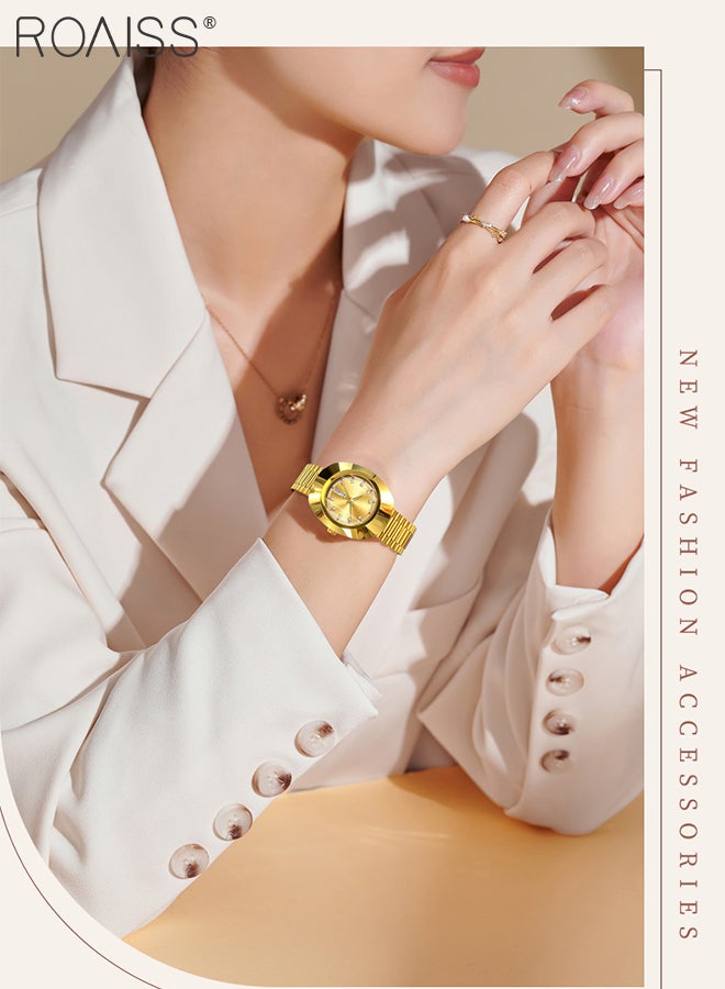 رويس ساعة كوارتز كلاسيكية نسائية، شاشة تناظرية، قرص ذهبي دائري مع زخرفة من الزركون، ساعة يد فاخرة مقاومة للماء بسوار من الفولاذ كهدية للسيدات - Image 2