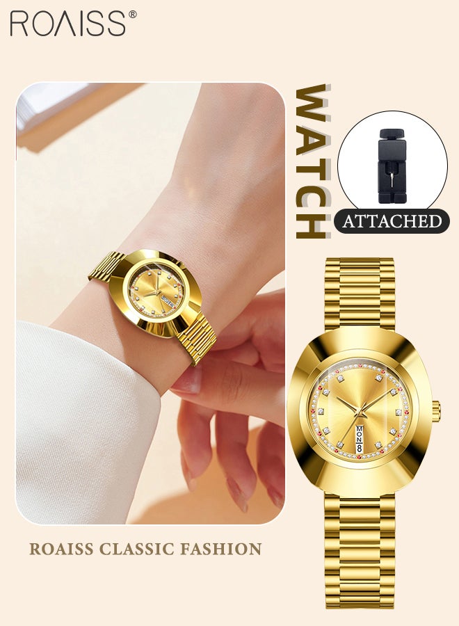 رويس ساعة كوارتز كلاسيكية نسائية، شاشة تناظرية، قرص ذهبي دائري مع زخرفة من الزركون، ساعة يد فاخرة مقاومة للماء بسوار من الفولاذ كهدية للسيدات - Image 1