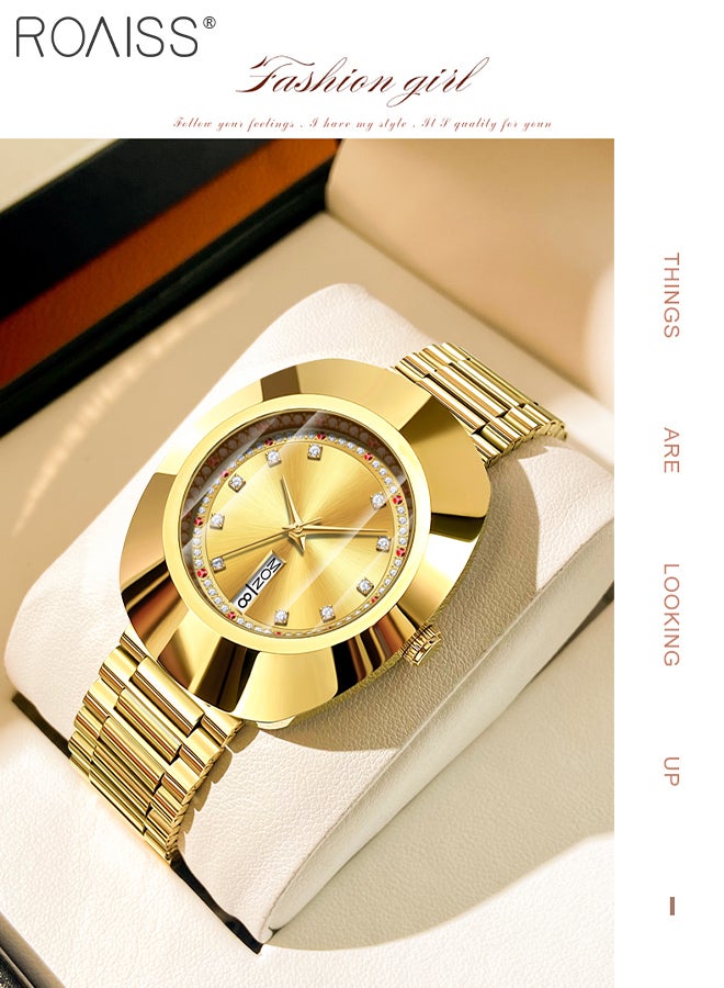 رويس ساعة كوارتز كلاسيكية نسائية، شاشة تناظرية، قرص ذهبي دائري مع زخرفة من الزركون، ساعة يد فاخرة مقاومة للماء بسوار من الفولاذ كهدية للسيدات - Image 3
