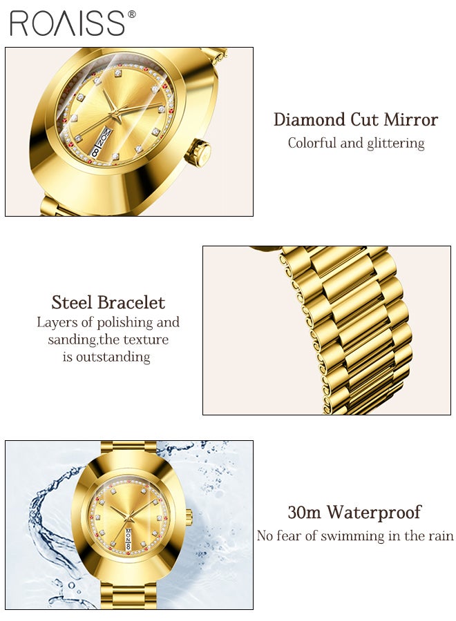 رويس ساعة كوارتز كلاسيكية نسائية، شاشة تناظرية، قرص ذهبي دائري مع زخرفة من الزركون، ساعة يد فاخرة مقاومة للماء بسوار من الفولاذ كهدية للسيدات - Image 5