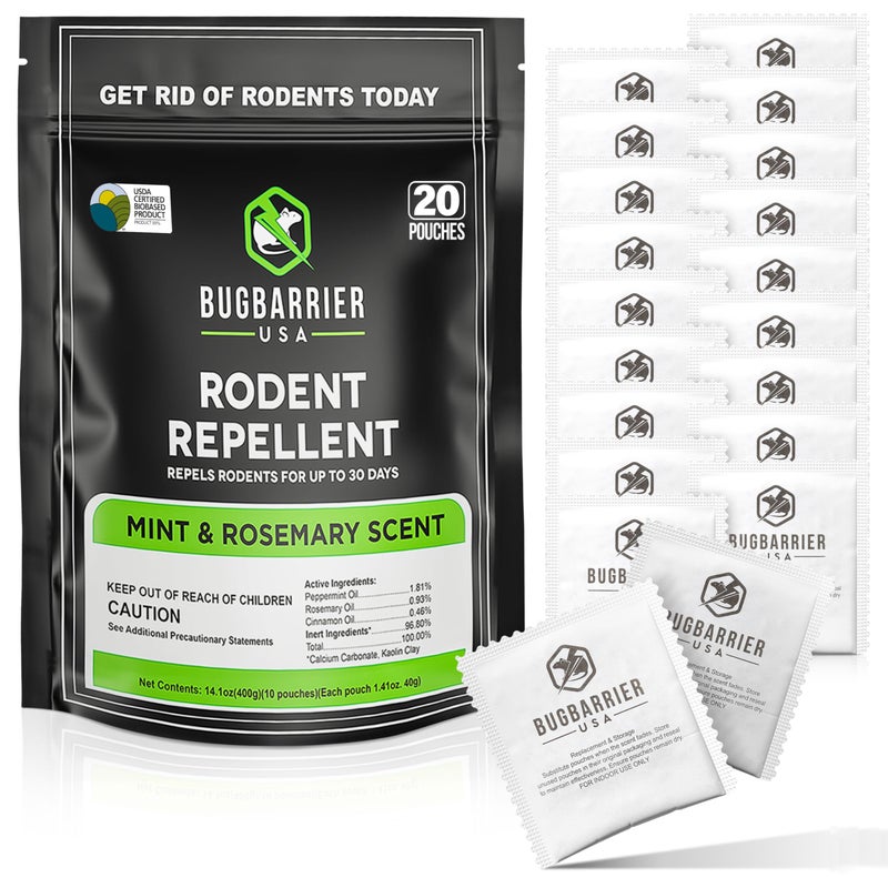 BugBarrier's Extra-Strength Mouse Repellent Deterrent Pouches, USDA 99% Biobased, Peppermint & Rosemary Oils Repel Mice Nesting in Car, RV, Boat, Garage, Shed, Cabin Made in The USA (Pack of 20) - Image 1