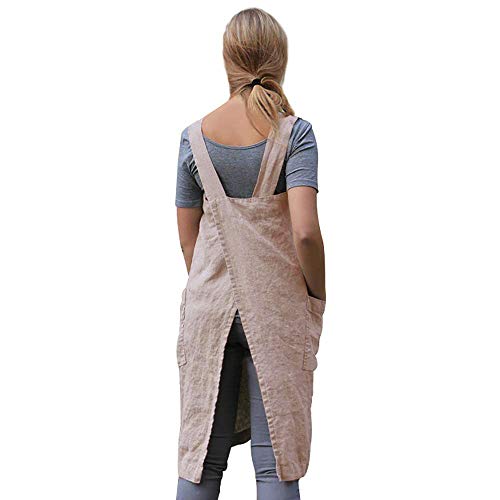 Larmliss Women's Pinafore Square Apron Baking Cooking Gardening Works Cross Back Cotton/Linen Blend Dress with 2 Pockets Pink-2XL - Image 5