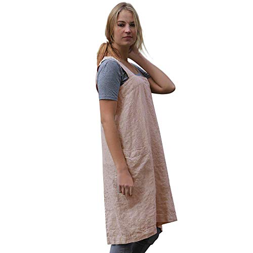 Larmliss Women's Pinafore Square Apron Baking Cooking Gardening Works Cross Back Cotton/Linen Blend Dress with 2 Pockets Pink-2XL - Image 4