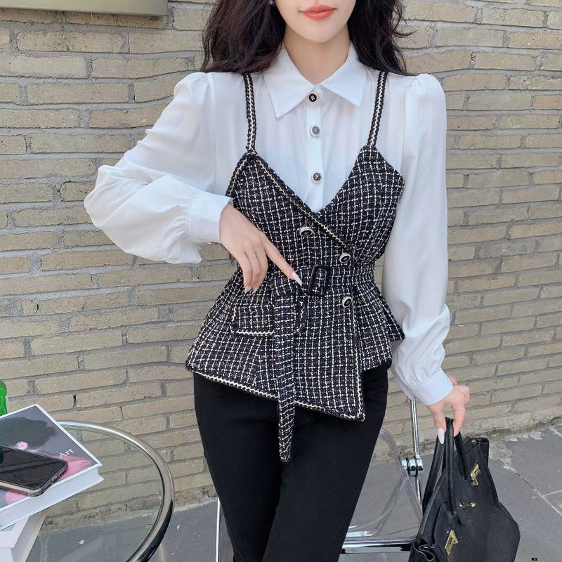 2023 new fake two-piece sling versatile waist stitching Plaid long sleeve shirt with belt Black Plaid - Image 1