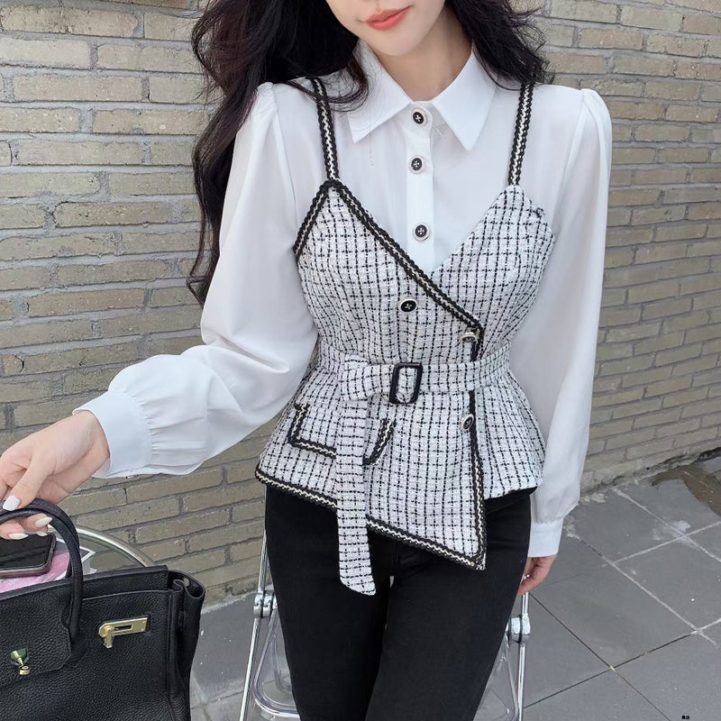 2023 new fake two-piece sling versatile waist stitching Plaid long sleeve shirt with belt Black Plaid - Image 2
