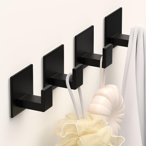 VINHOLD Adhesive Towel Hooks Shower Hooks for Hanging Robe Coat Hat Loofah Heavy Duty Wall Hooks Stick on Bathroom Kitchen and Office 4 Pack Black - Image 1
