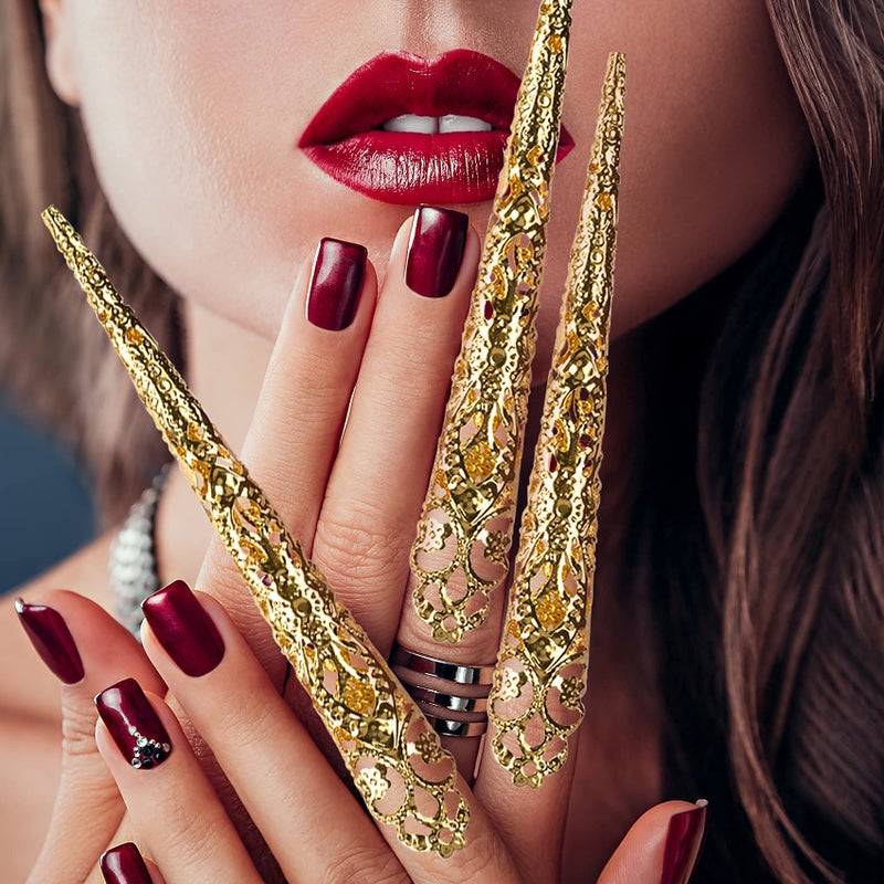 ANCIRS 10 Pack Finger Nail Tip Claw Rings, Ancient Queen Costume Fingertip Claw Nail Rings Decoration Accessory, Finger Knuckle Protectors for Halloween Cosplay Drama Dance Show- Golden Color - Image 4
