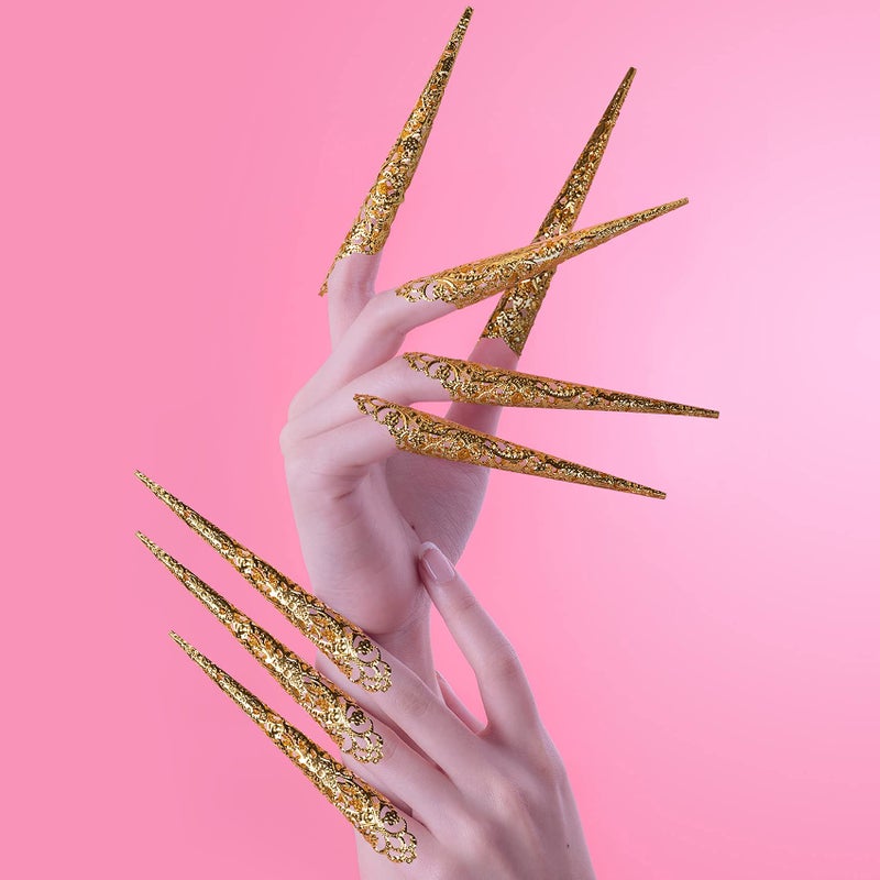 ANCIRS 10 Pack Finger Nail Tip Claw Rings, Ancient Queen Costume Fingertip Claw Nail Rings Decoration Accessory, Finger Knuckle Protectors for Halloween Cosplay Drama Dance Show- Golden Color - Image 2
