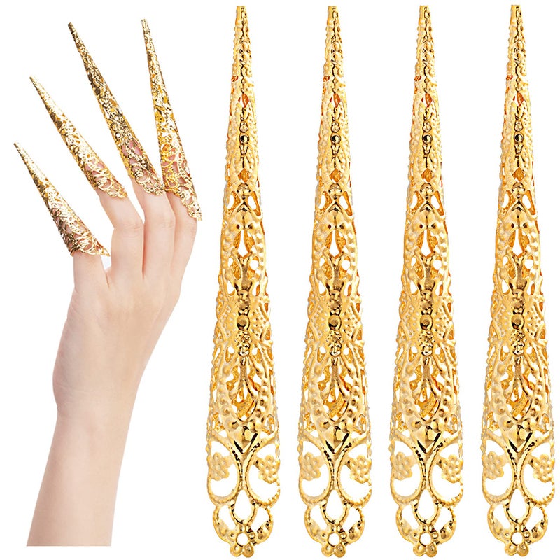 ANCIRS 10 Pack Finger Nail Tip Claw Rings, Ancient Queen Costume Fingertip Claw Nail Rings Decoration Accessory, Finger Knuckle Protectors for Halloween Cosplay Drama Dance Show- Golden Color - Image 1