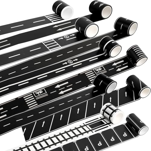 Haconba 10 Rolls Kids Road Tape Set Highway Road Tape Traffic Track Railway Tape Black Parking Spot Tape for Kids Birthday Racing Themed Party Decor 10 Styles - Image 1