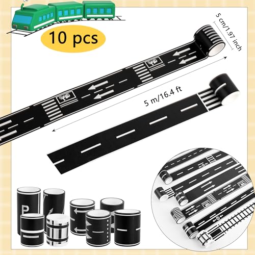 Haconba 10 Rolls Kids Road Tape Set Highway Road Tape Traffic Track Railway Tape Black Parking Spot Tape for Kids Birthday Racing Themed Party Decor 10 Styles - Image 5