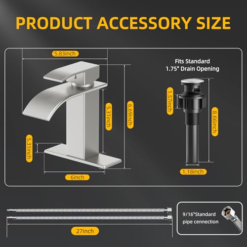 Ryuwanku Bathroom Faucet Brushed Nickel Modern Waterfall Bathroom Sink Faucet with Single Handle Suitable for 1 or 3 Holes,Supply Deck Plate and Hose - Image 3