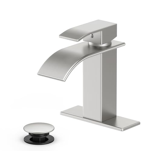 Ryuwanku Bathroom Faucet Brushed Nickel Modern Waterfall Bathroom Sink Faucet with Single Handle Suitable for 1 or 3 Holes,Supply Deck Plate and Hose - Image 1