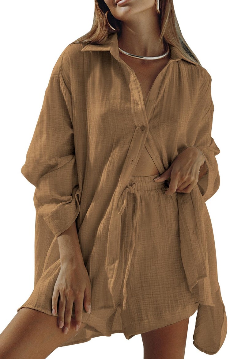 Fixmatti Women Button up and Shorts Set 2 Piece Long Sleeve Shirt Matching High Waist Shorts Sweatsuit Tracksuit Brown M - Image 1