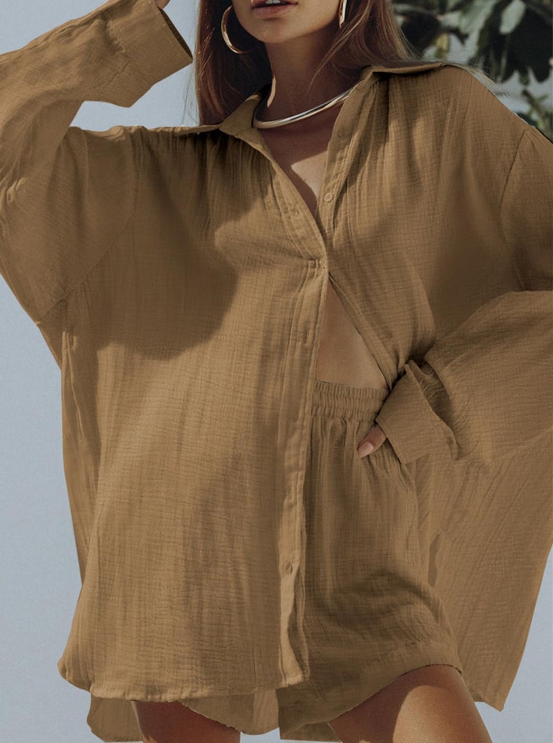 Fixmatti Women Button up and Shorts Set 2 Piece Long Sleeve Shirt Matching High Waist Shorts Sweatsuit Tracksuit Brown M - Image 5