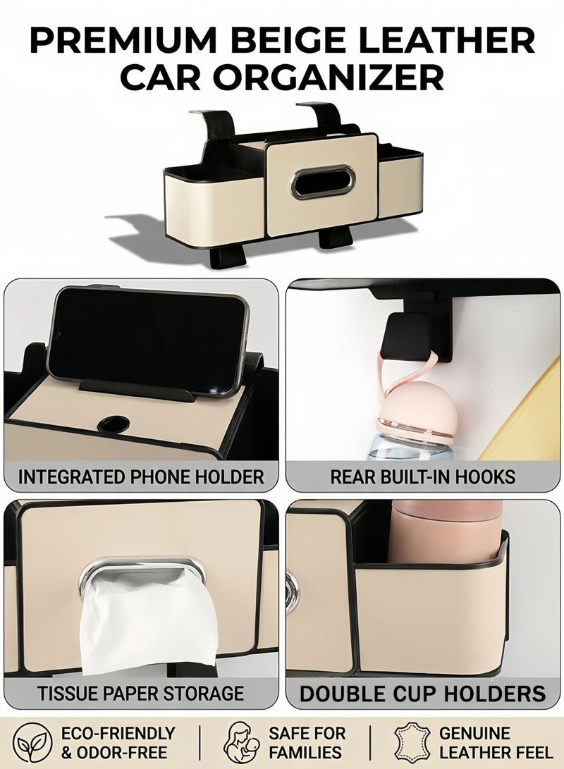 MLADEN 4-in-1 Car Seat Back Organizer, Leather Headrest Storage Bag with Phone, Cup, Tissue Holders & Hook for Car, Truck, SUV – Multifunctional Vehicle Back Seat Storage Box, Universal Fit, Durable, Space-Saving（White） - Image 4