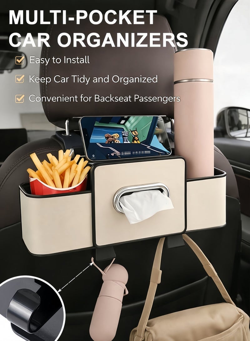 MLADEN 4-in-1 Car Seat Back Organizer, Leather Headrest Storage Bag with Phone, Cup, Tissue Holders & Hook for Car, Truck, SUV – Multifunctional Vehicle Back Seat Storage Box, Universal Fit, Durable, Space-Saving（White） - Image 3