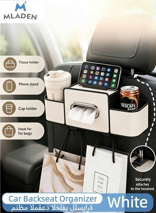 MLADEN 4-in-1 Car Seat Back Organizer, Leather Headrest Storage Bag with Phone, Cup, Tissue Holders & Hook for Car, Truck, SUV – Multifunctional Vehicle Back Seat Storage Box, Universal Fit, Durable, Space-Saving（White） - Image 1