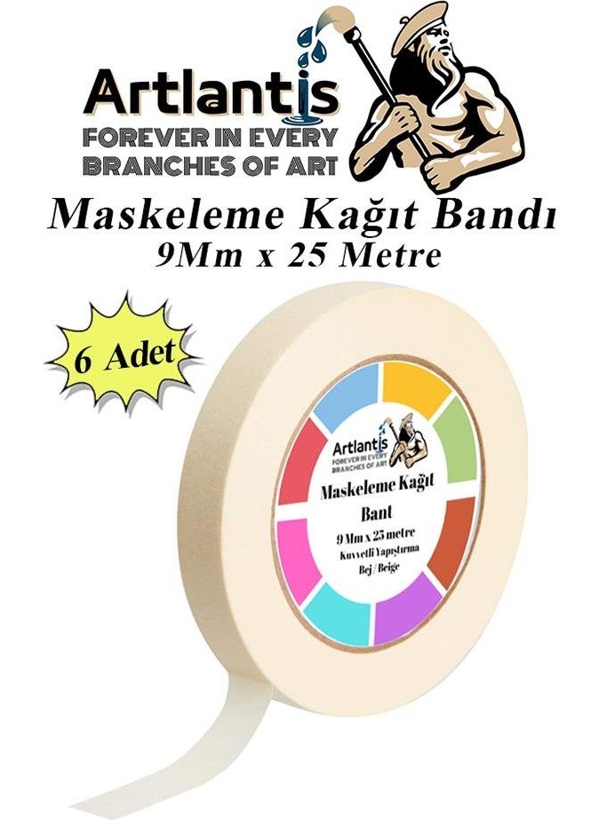 Artlantis Masking Tape Paper Tape 9 mm 25 Meters 6 Pieces Painting Tape Masking Paper Tape Wall Oil Paint Whitewash  - Image 1