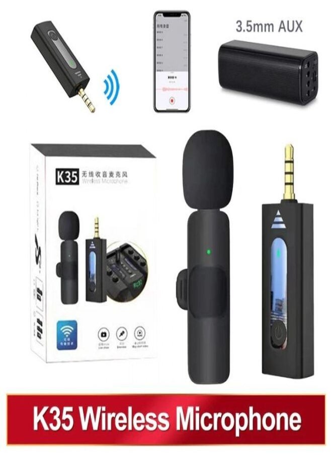 K-35 Wireless Collar Microphone Lapel Lavalier Omnidirectional 2 Mic Plug and Play Mike for Vlogging Interview Live Streaming YouTube Compatible with BT Speakers DSLR Camera