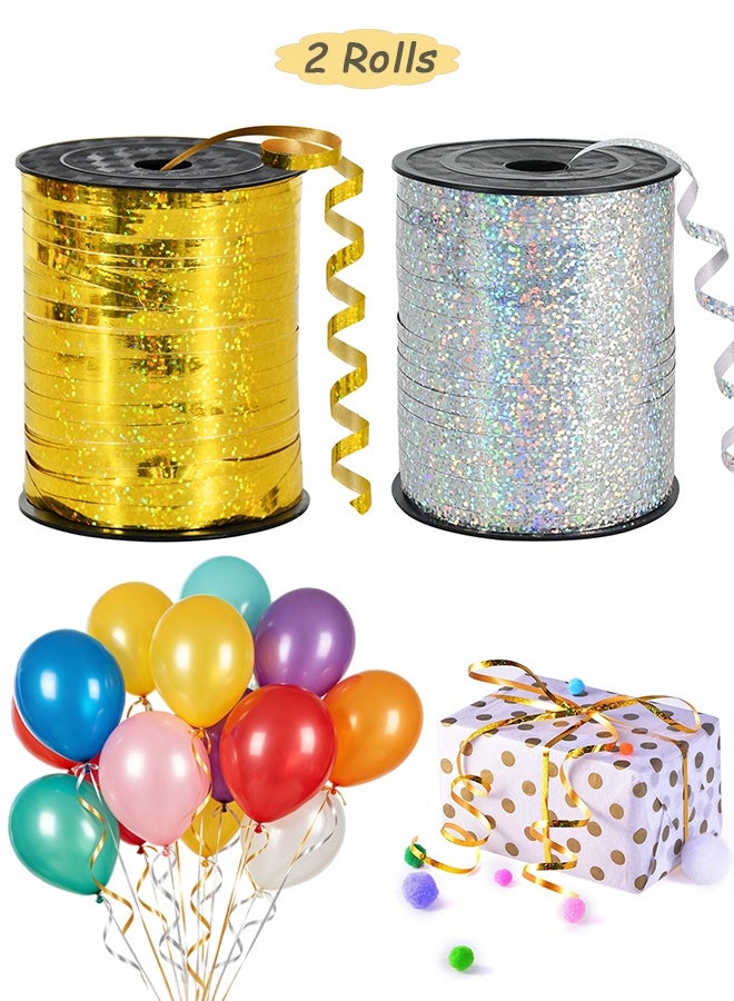 MXN 2 Rolls 250 Yards Gold Crimped Curling Ribbon Shiny Metallic Balloon String Roll Gift Wrapping Ribbon -  Laser Glitter Crimped Ribbon Roll for Balloon Ties Gift Wrapping Wedding & Holiday Party Decor (Silver + Gold) - Image 1