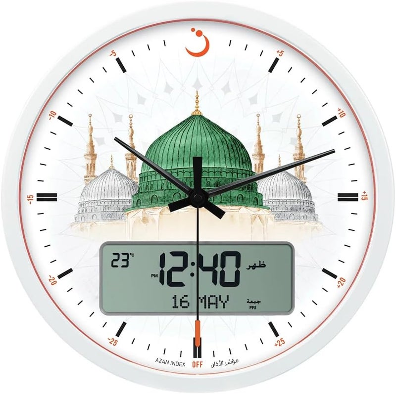 Al-Fajr Digital Wall Clock CR-23, 33 cm, Prayer Times Display, BLACK/WHITE (White) - Image 1