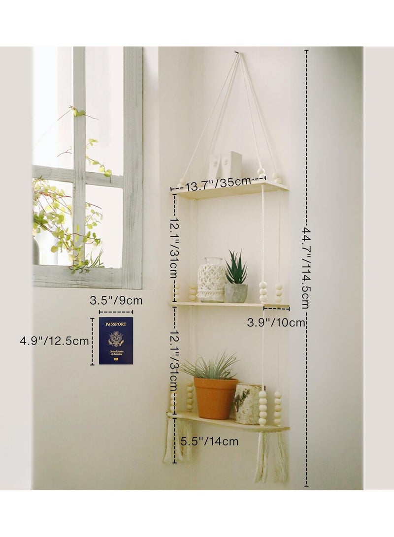 Antikiano Macrame Wall Hanging Shelf, Handmade Boho Wall Decor, Rustic Wood Floating Storage Shelf for Indoors, Display Shelving for Hanging Plants Photos, 40Beads 3Tiers - Image 2