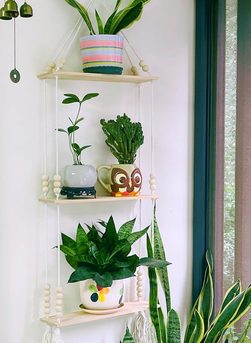 Antikiano Macrame Wall Hanging Shelf, Handmade Boho Wall Decor, Rustic Wood Floating Storage Shelf for Indoors, Display Shelving for Hanging Plants Photos, 40Beads 3Tiers - Image 3
