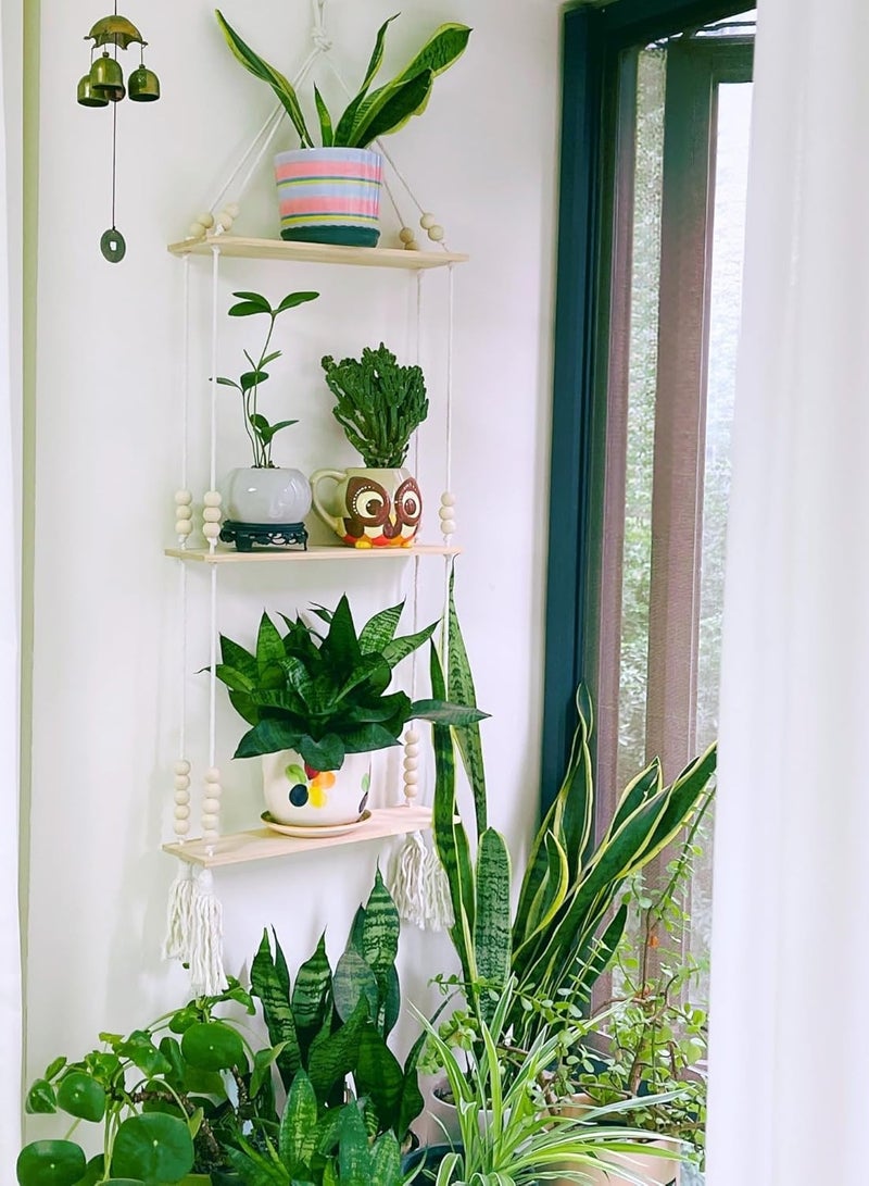 Antikiano Macrame Wall Hanging Shelf, Handmade Boho Wall Decor, Rustic Wood Floating Storage Shelf for Indoors, Display Shelving for Hanging Plants Photos, 40Beads 3Tiers - Image 5