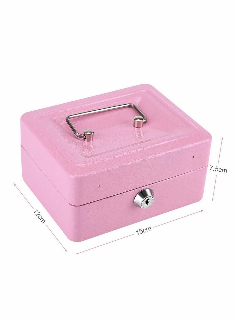 Excefore Mini Cash Box with Lock, Metal Security Box with 2 Key, Double Layer 5.9 x 4.72 x 2.95in, Pink - Image 2