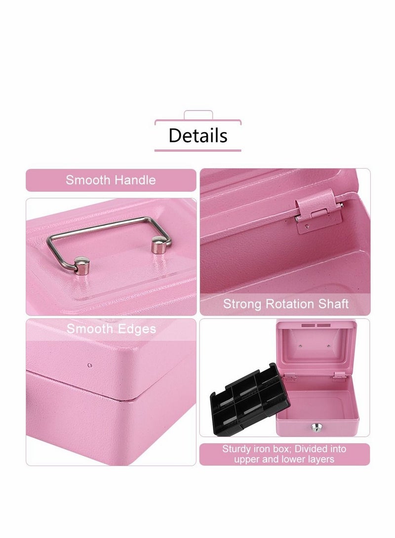 Excefore Mini Cash Box with Lock, Metal Security Box with 2 Key, Double Layer 5.9 x 4.72 x 2.95in, Pink - Image 3