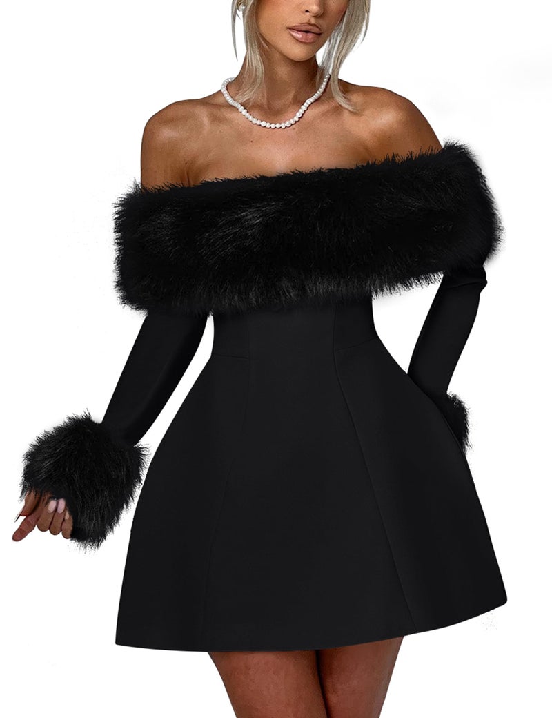 YMDUCH Women's Off Shoulder Long Sleeve Fur Trim A-Line Party Club Mini Dress Black - Image 1