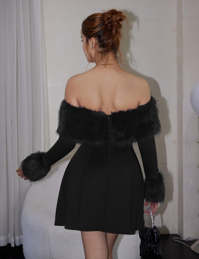 YMDUCH Women's Off Shoulder Long Sleeve Fur Trim A-Line Party Club Mini Dress Black - Image 4