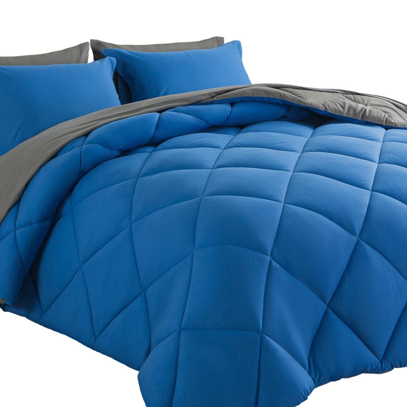 Cosybay Bed in a Bag Queen Comforter Sets 7pcs All Season Solid Down Alternative Bedding Sets Blue and Grey with Comforter Pillow Shams Flat Sheet Fitted Sheet and Pillowcases