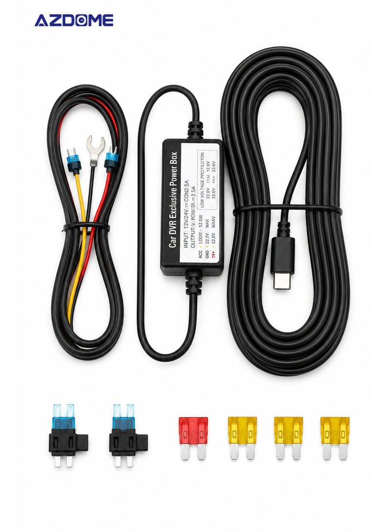 أزدوم طقم توصيل مباشر لكاميرا السيارة Type-C HT03، كابل صندوق فيوزات 12 قدم 12/24V إلى 5V/2.5A، يدعم مراقبة الركن وحماية انخفاض الجهد، مناسب لـ M300S/M550 Pro/M550 MAX/M560/M580 - Image 1