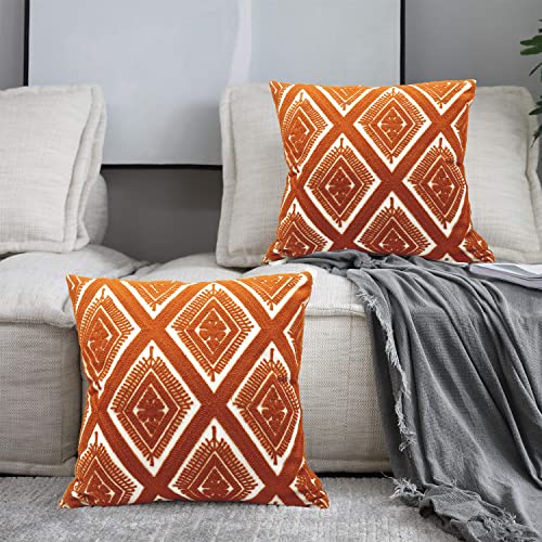 Alysheer Embroidered Decorative Throw Pillow Covers 18x18 inches Set of 2 Pieces, Boho Geometric Modern Chic Classic Pattern Cotton Cushion Cases for Sofa Couch Bed Living Room(Burnt Orange) - Image 2