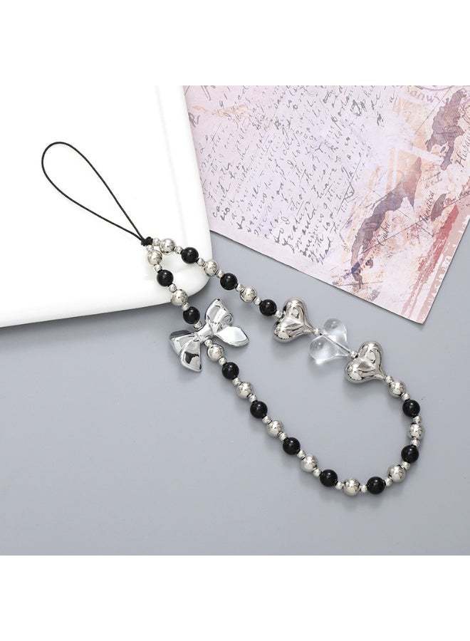 NIBEMINENT Beaded Phone Lanyard, Anti Lost Removable Wrist Strap,K2909 Silver Plated Heart Bow Bracelet Pendant, Phone Keychain Lanyard