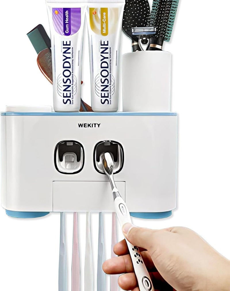 Wekity Toothbrush Holder Wall Mounted, Multi-Functional Toothbrush and Toothpaste Dispenser for Bathroom, with 5 Toothbrush Slots, 2 Toothpaste Squeezers and 4 Cups(Blue) - Image 1