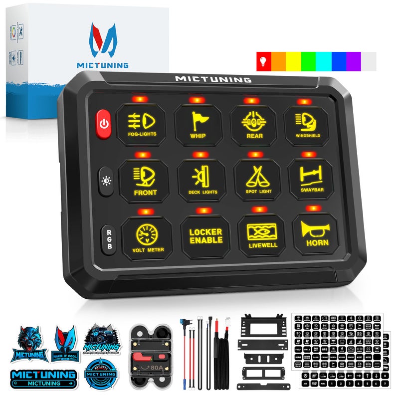 MICTUNING P1s RGB 5 Inch 12 Gang Switch Panel High Power 6 Level Brightness Multifunction Toggle Switch Momentary Circuit Control Relay System Box for Truck RV Offroad Marine wSilicone Cover